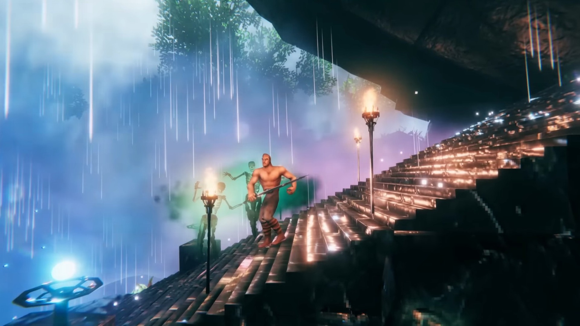 A Viking from Valheim swinging a sword through a pack of greenish ghosts.