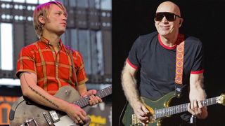 LEFT: Xan McCurdy of CAKE performs at Jack's 10th Show at Irvine Meadows Amphitheatre on June 20, 2015 in Irvine, California. RIGHT; Joe Satriani of SatchVai performs onstage during a concert at the Eventim Apollo on June 14, 2025 in London, England