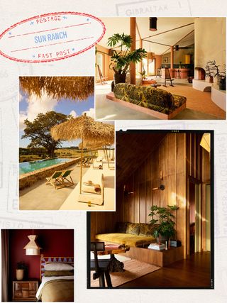 A collage of four images depicting '70s-style hotel rooms and a pool.