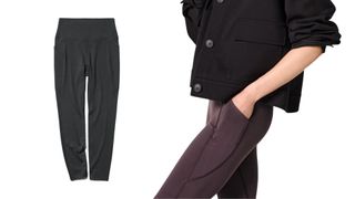 Uniqlo Ultra Stretch AIRism Leggings (With Pockets) product shot and model wearing purple pair to show appearance