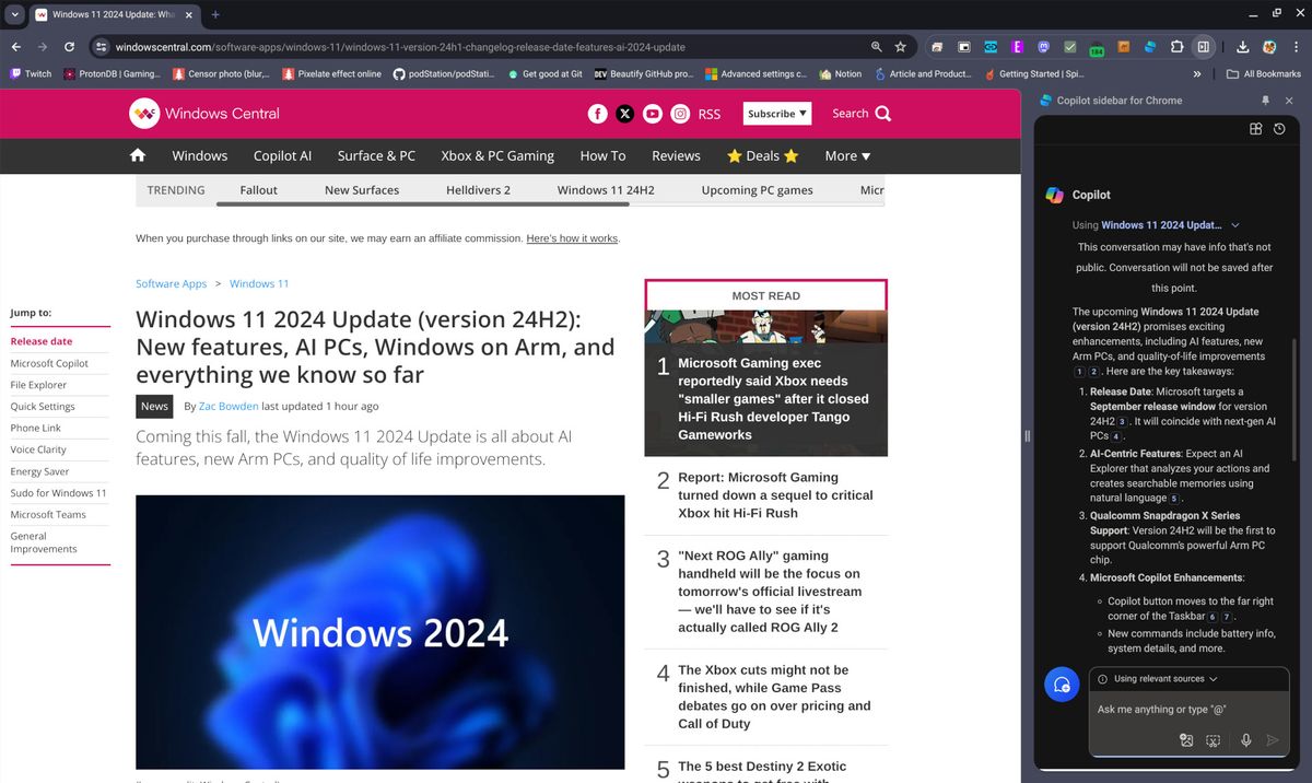 Copilot sidebar for Google Chrome summarizing a page on Windows Central