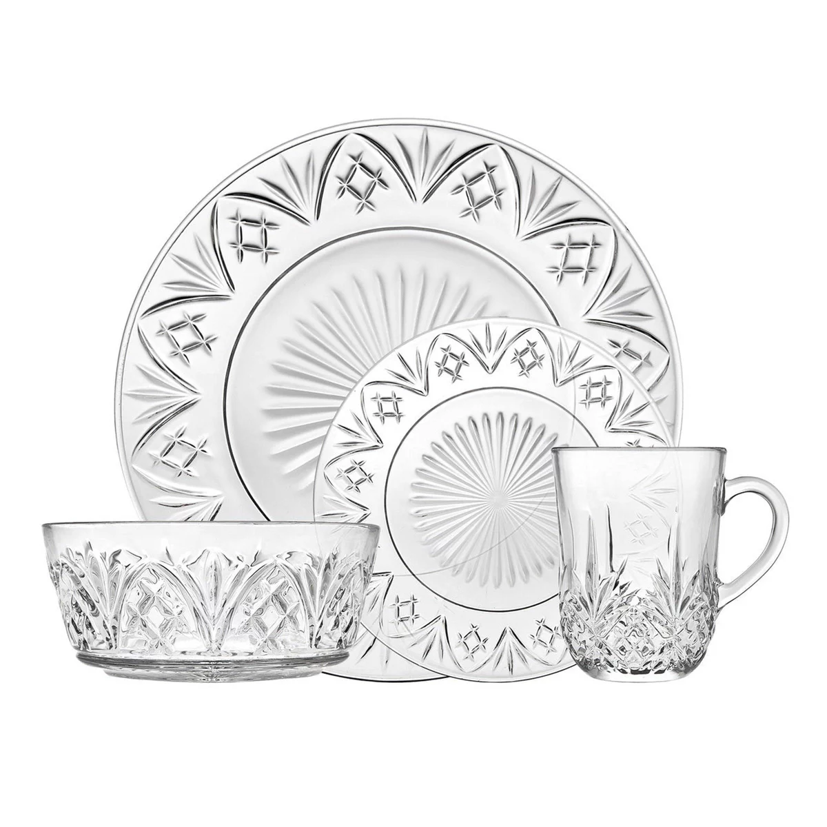Godinger Silver 16pc Dublin Crystal Dinnerware Set: Hand Wash, Microwave-Safe, Service for 4, Includes Plates, Bowls, Mugs