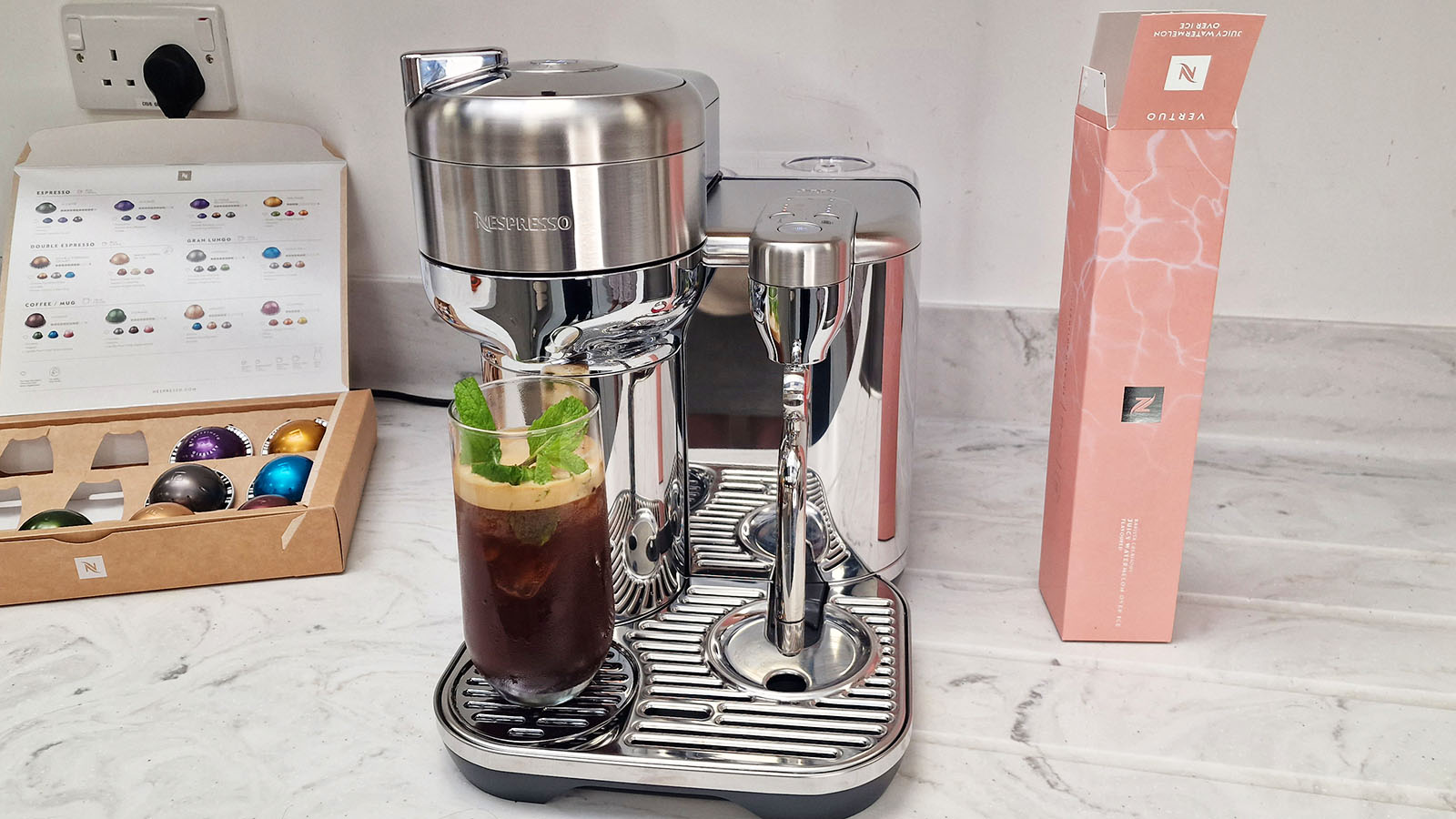 A watermelon cold brew made in the Nespresso Vertuo Creatista