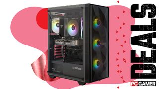 An image of a Zotac Gaming Mek gaming PC against a colorful background, with the phrase 'Deals' on the right side, above a PC Gamer logo