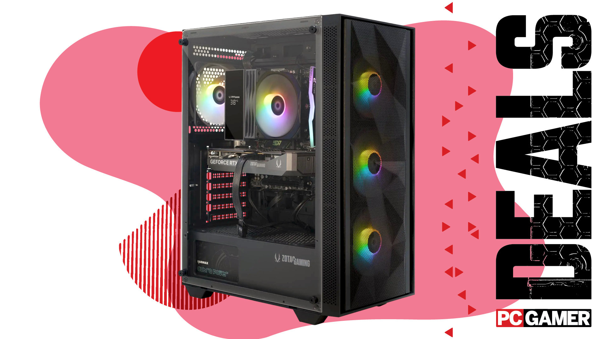 An image of a Zotac Gaming Mek gaming PC against a colorful background, with the phrase 'Deals' on the right side, above a PC Gamer logo