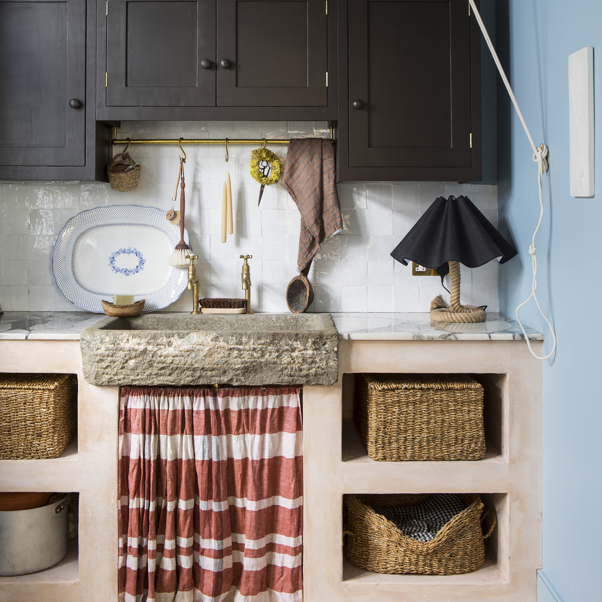 Pink and blue traditional kitchen