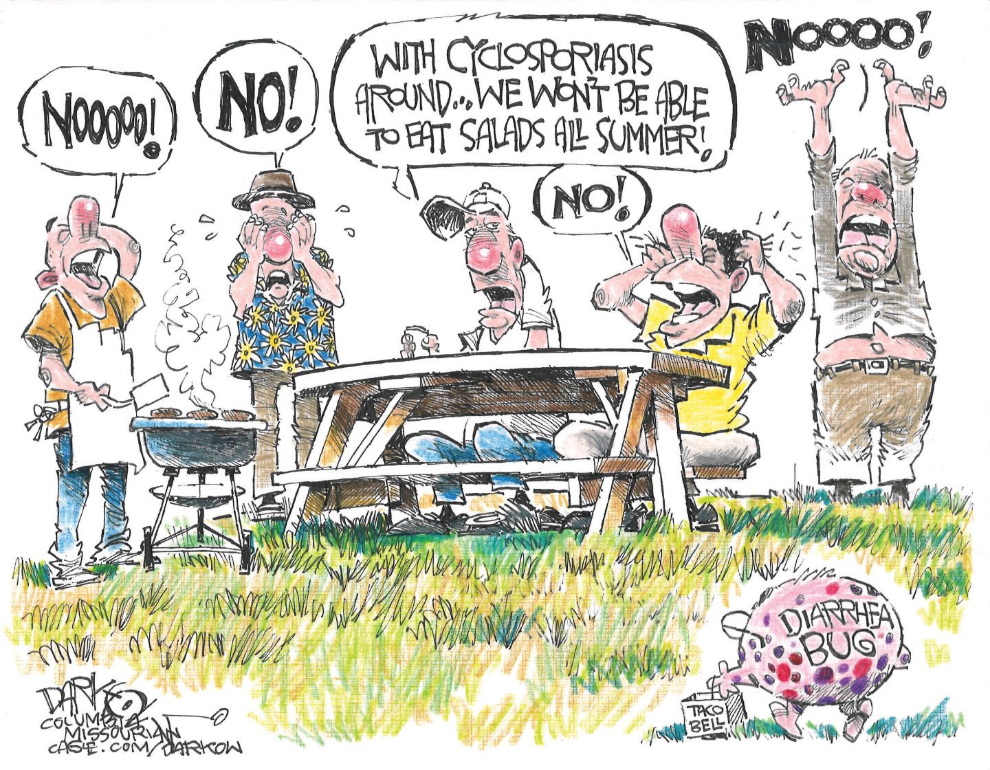 
                                Five men are hanging out outside near a charcoal grill and a picnic table. One man says, “With cyclosporiasis around…we won’t be able to eat salsa all summer!” The other men theatrically respond, “Noooo!’ and “No!”.
                            