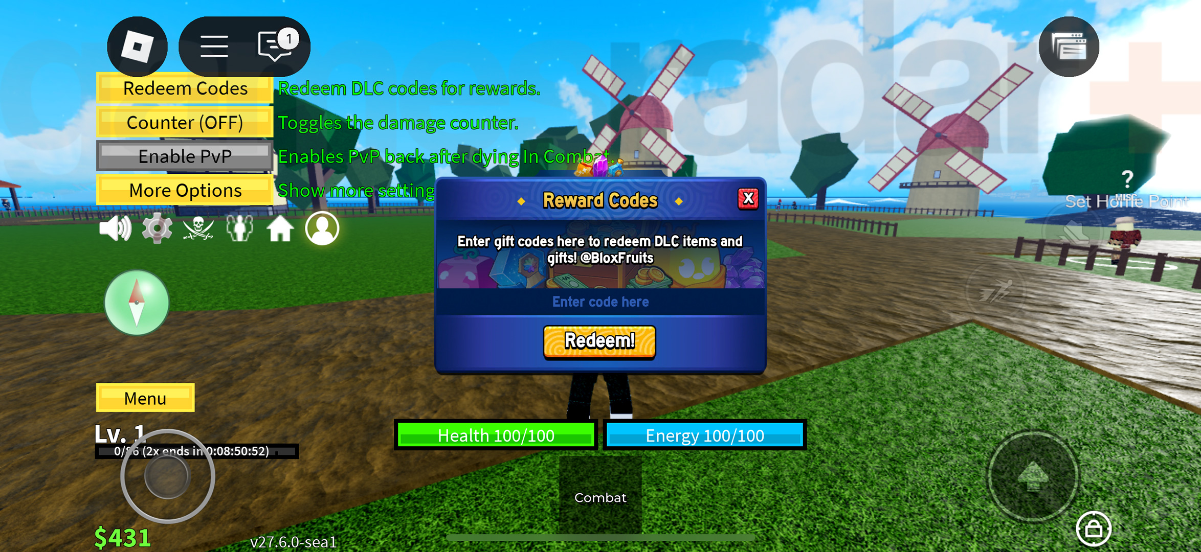 Redeeming Blox Fruits codes through the menu
