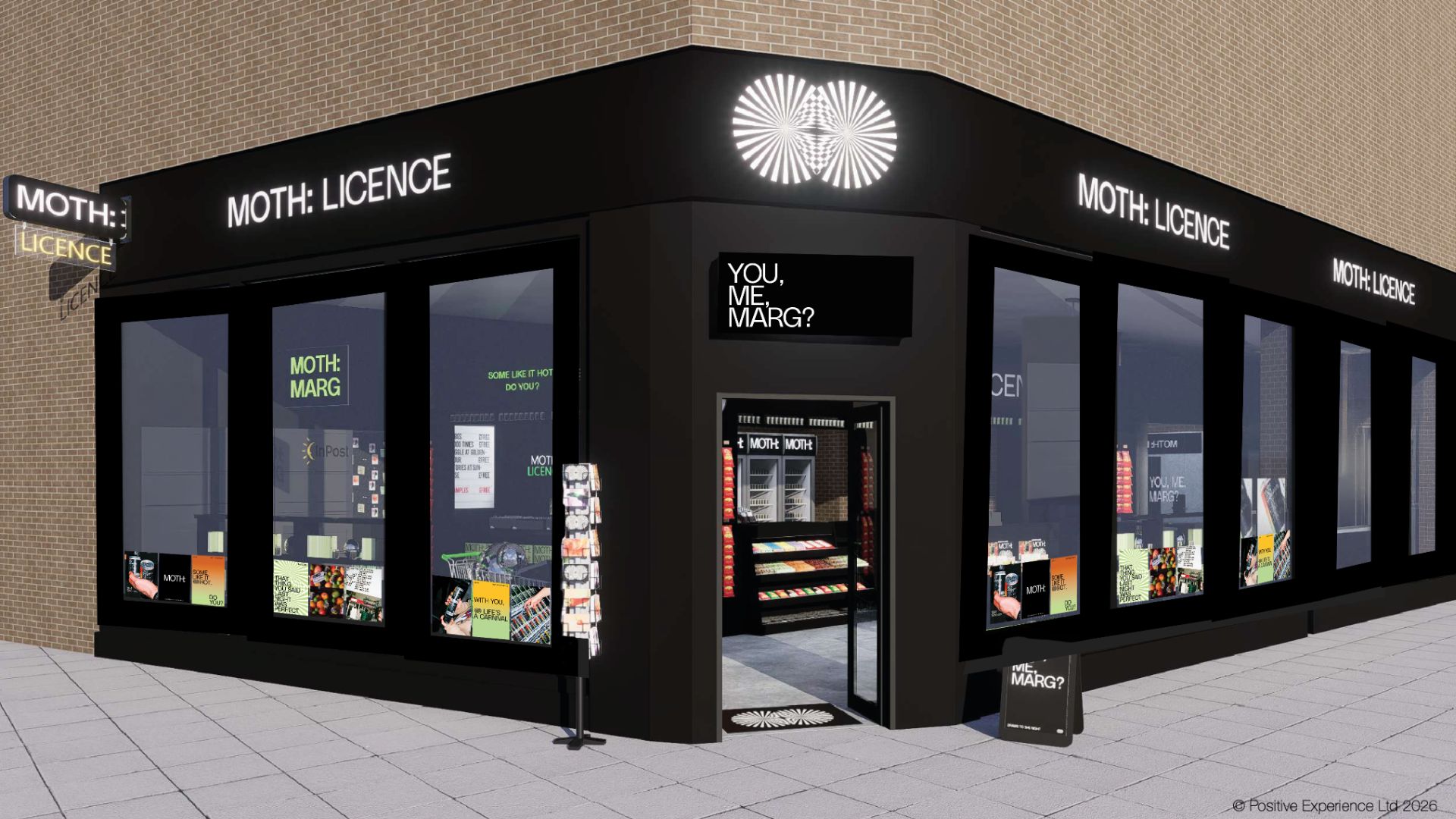 an artist / ai rendering of what the MOTH: Licence corner shop pop up will look like 