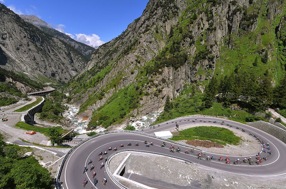 Switchbacks in the mountains of stage 6 at Tour de Suisse