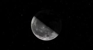 Amidst a starry night sky, a large quarter moon tilts like a bole toward the right.