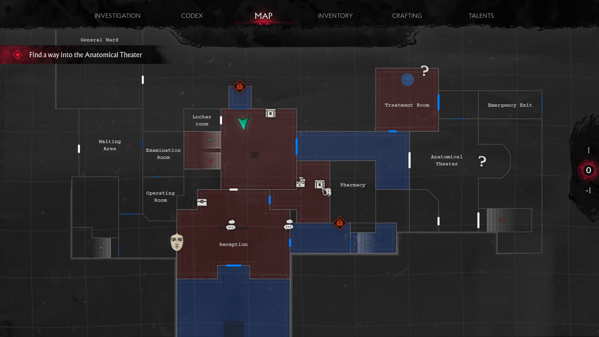 A map of the Akeley Hospital in The Sinking City 2, with red and blue fill for explored rooms, and icons marking points of interest