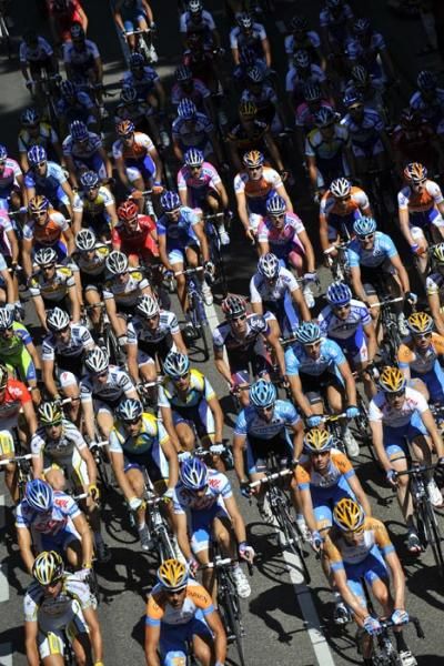 The peloton climbs the Cauberg.