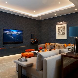 room with walled tv sofa cushion set and white ceiling