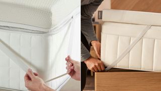 Split image of the Saatva Graphite and Tempur-Adapt mattress toppers being fitted onto beds