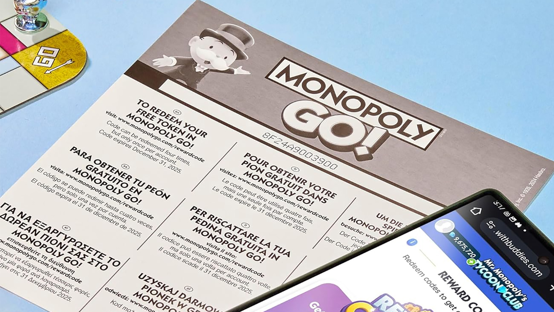 Monopoly Go reward codes sheet from the board game