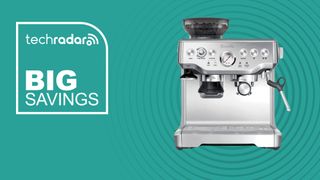 The Breville Barista Express on a blue background with text saying Big Savings.