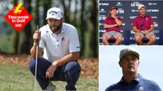 Jon Rahm lining up a putt, Lucas Herbert and Cam Smith at a press conference, Bryson DeChambeau from the chest up and a red This Week In Golf label in the top-left