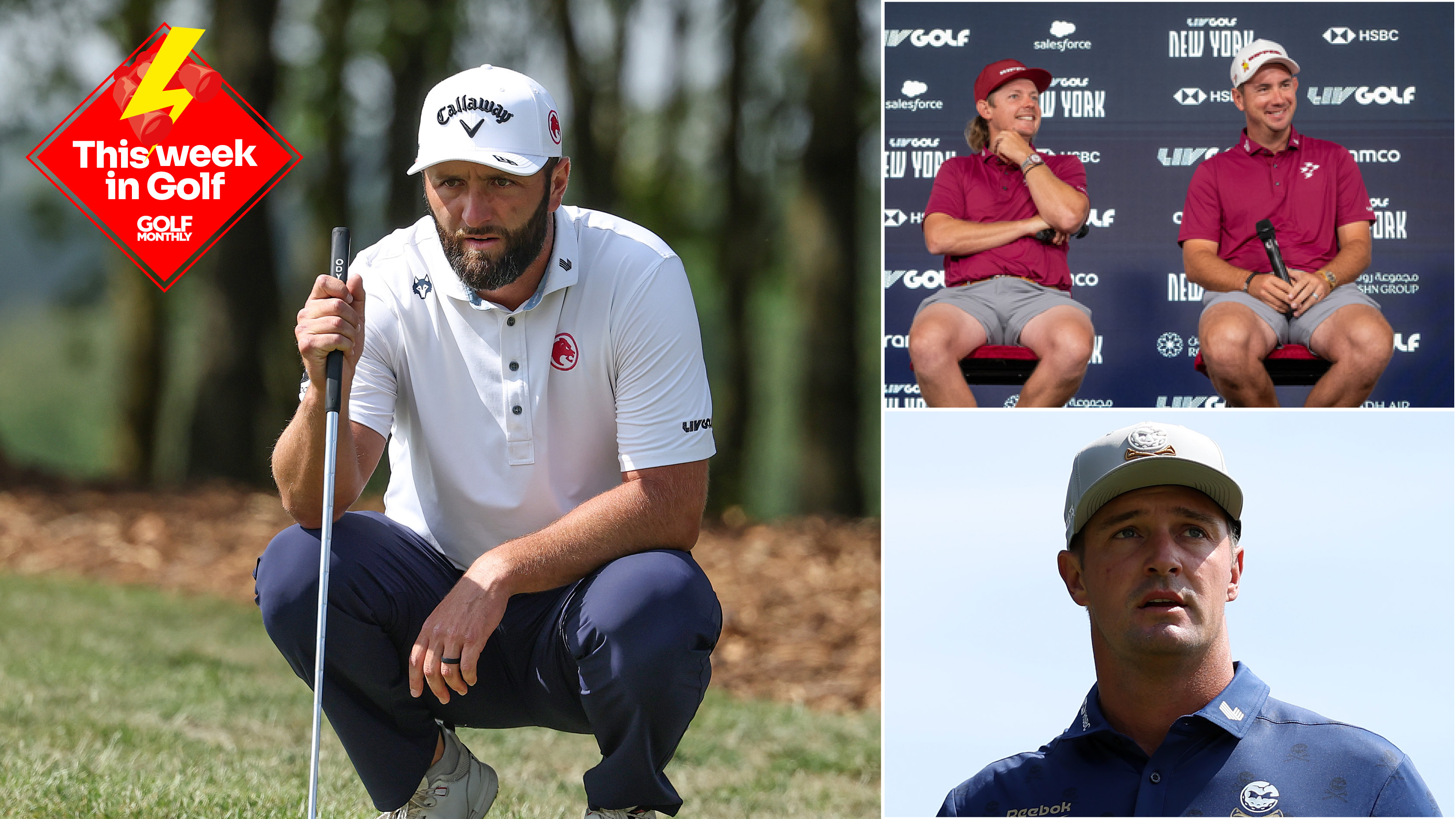 Jon Rahm lining up a putt, Lucas Herbert and Cam Smith at a press conference, Bryson DeChambeau from the chest up and a red This Week In Golf label in the top-left
