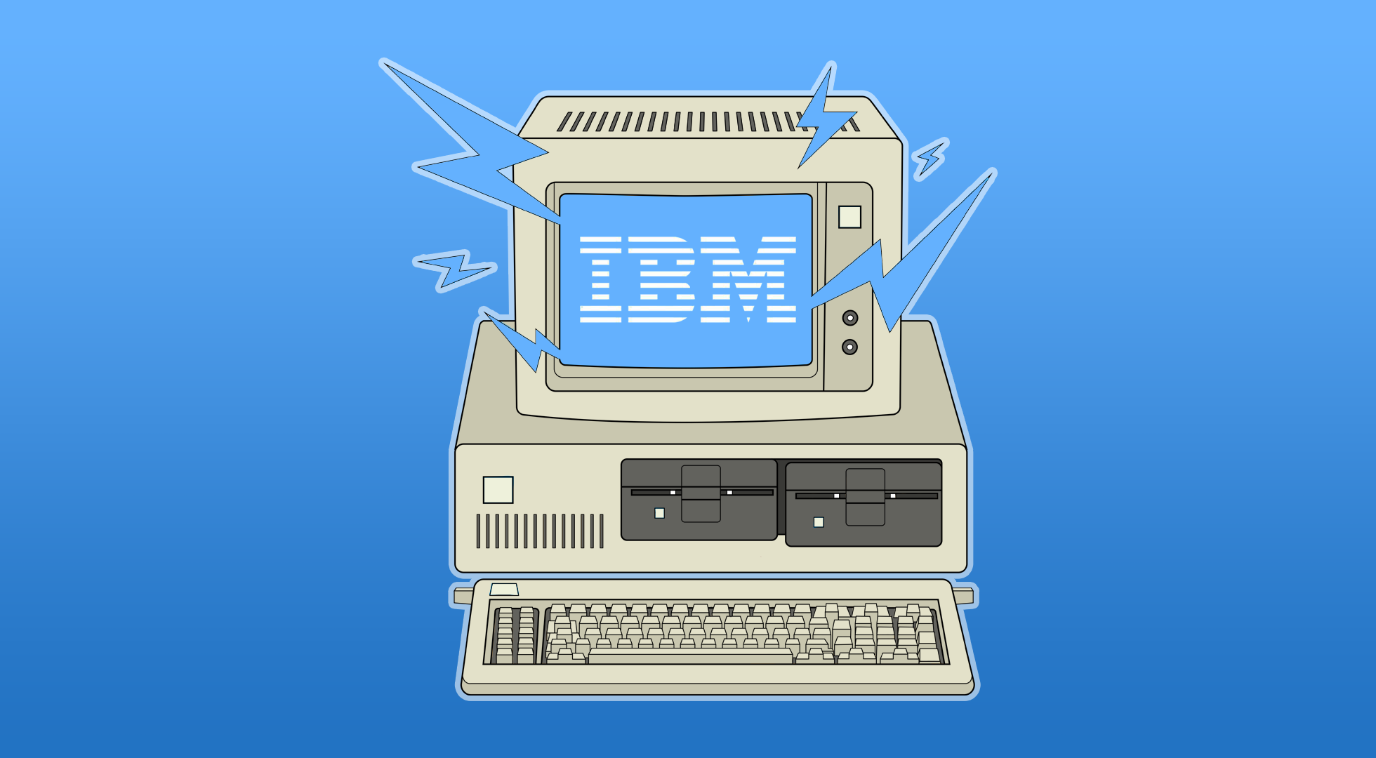 IBM PC illustration with IBM logo on blue gradient background