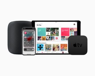 Apple HomePod, iPhone, TV and iPad showing Apple Music side by side