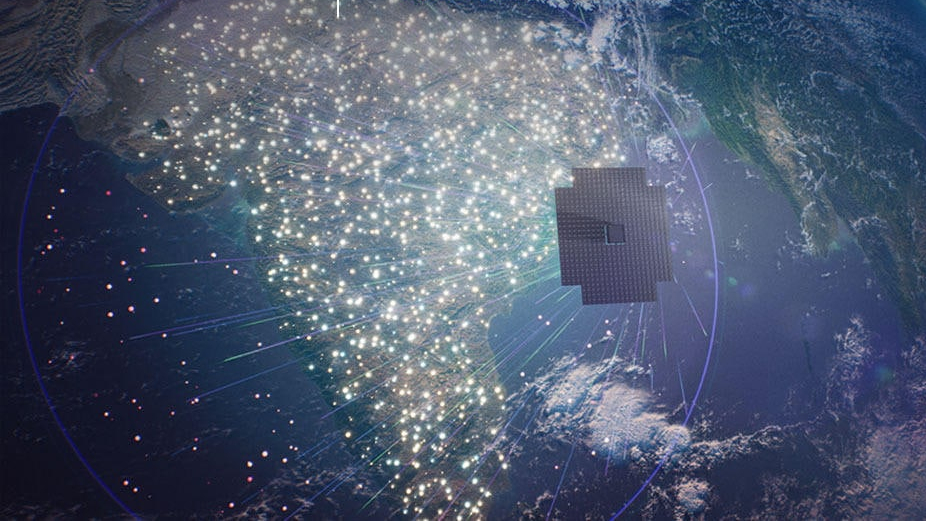 An artist's illustration of giant AST SpaceMobile's BlueWalker 3 satellite over Africa