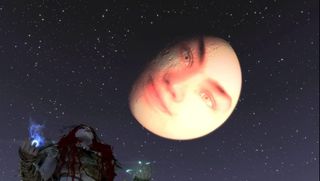 A moon with the face of the Adoring Fan imposed over it floats in Oblivion's night sky.