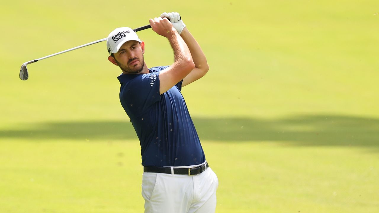 Patrick Cantlay plays a second shot on the tenth hole during the Travelers Championship.