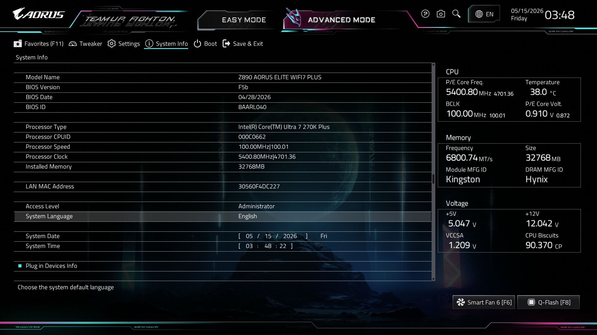 Gigabyte Z890 Aorus Elite Wifi7 Plus - BIOS