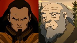 From left to right: a side-by-side of close ups of Ozai and Iroh.