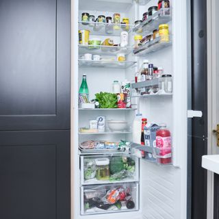 An open fridge full of food