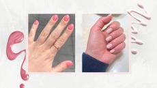 A grey backdrop with images of one hand with a pink gel manicure and another hand with milky white BIAB beside spills of nail polish