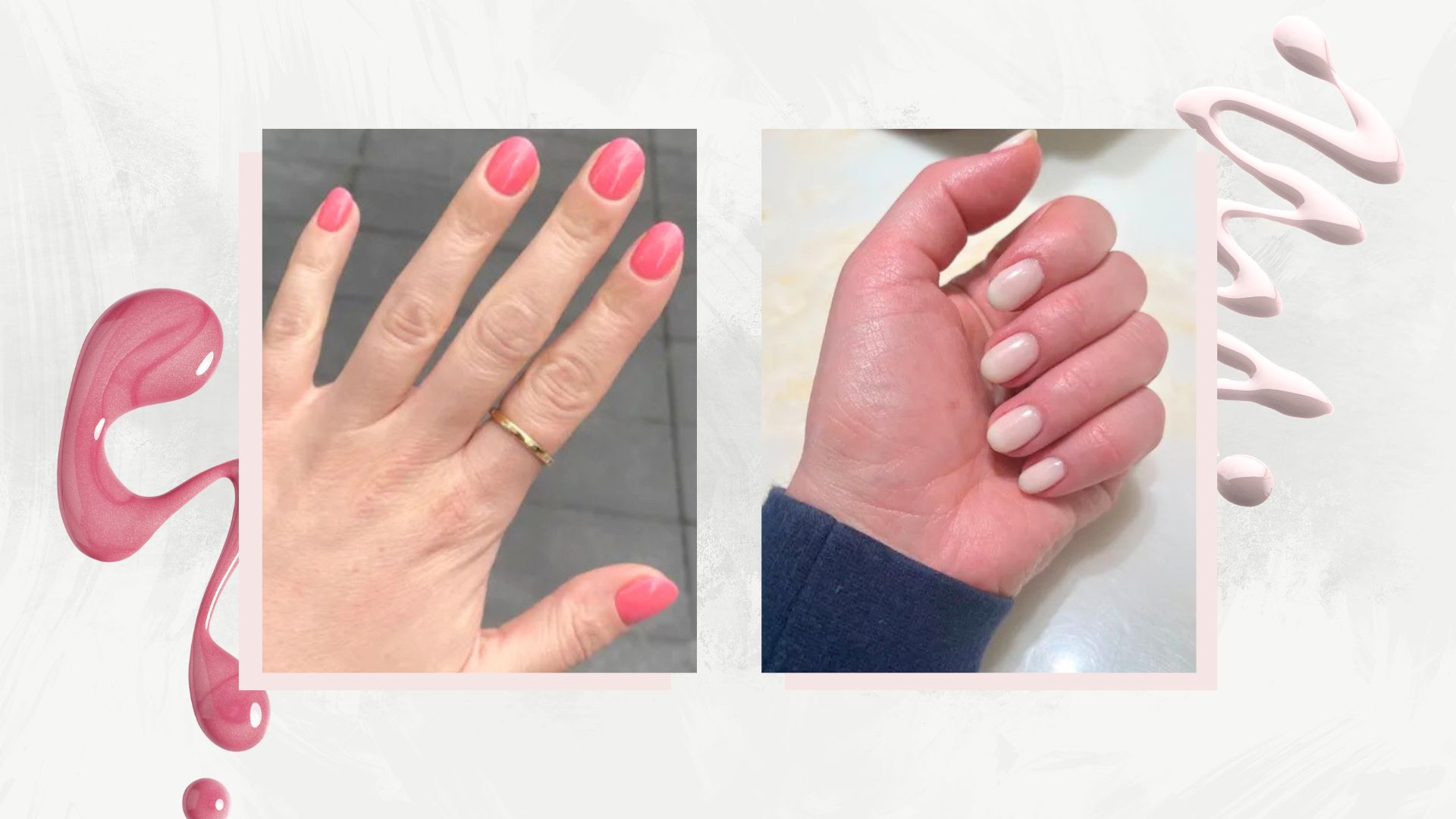 A grey backdrop with images of one hand with a pink gel manicure and another hand with milky white BIAB beside spills of nail polish