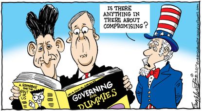 Political cartoon U.S. GOP health care Mitch McConnell Paul Ryan compromising
