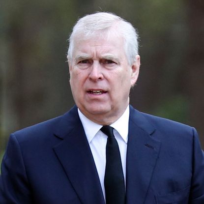 Prince Andrew wears a suit and looks bemused