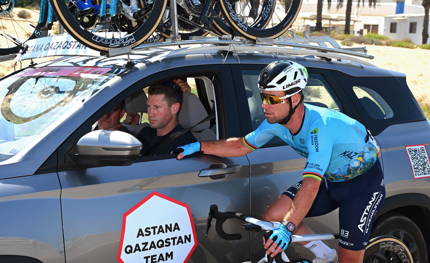 AL MARJAN ISLAND - AL JAZIRAH AL HAMRA, UNITED ARAB EMIRATES - FEBRUARY 21: (L-R) Mark Renshaw of Australia sports director and Mark Cavendish of Great Britain and Team Astana-Qazagstan competes during the 6th UAE Tour 2024, Stage 3 a 176km stage from Al Marjan Island - Al Jazirah Al Hamra to Jebel Jais 1489m / #UCIWT / on February 21, 2024 in Al Jazirah Al Hamra, United Arab Emirates. (Photo by Tim de Waele/Getty Images)
