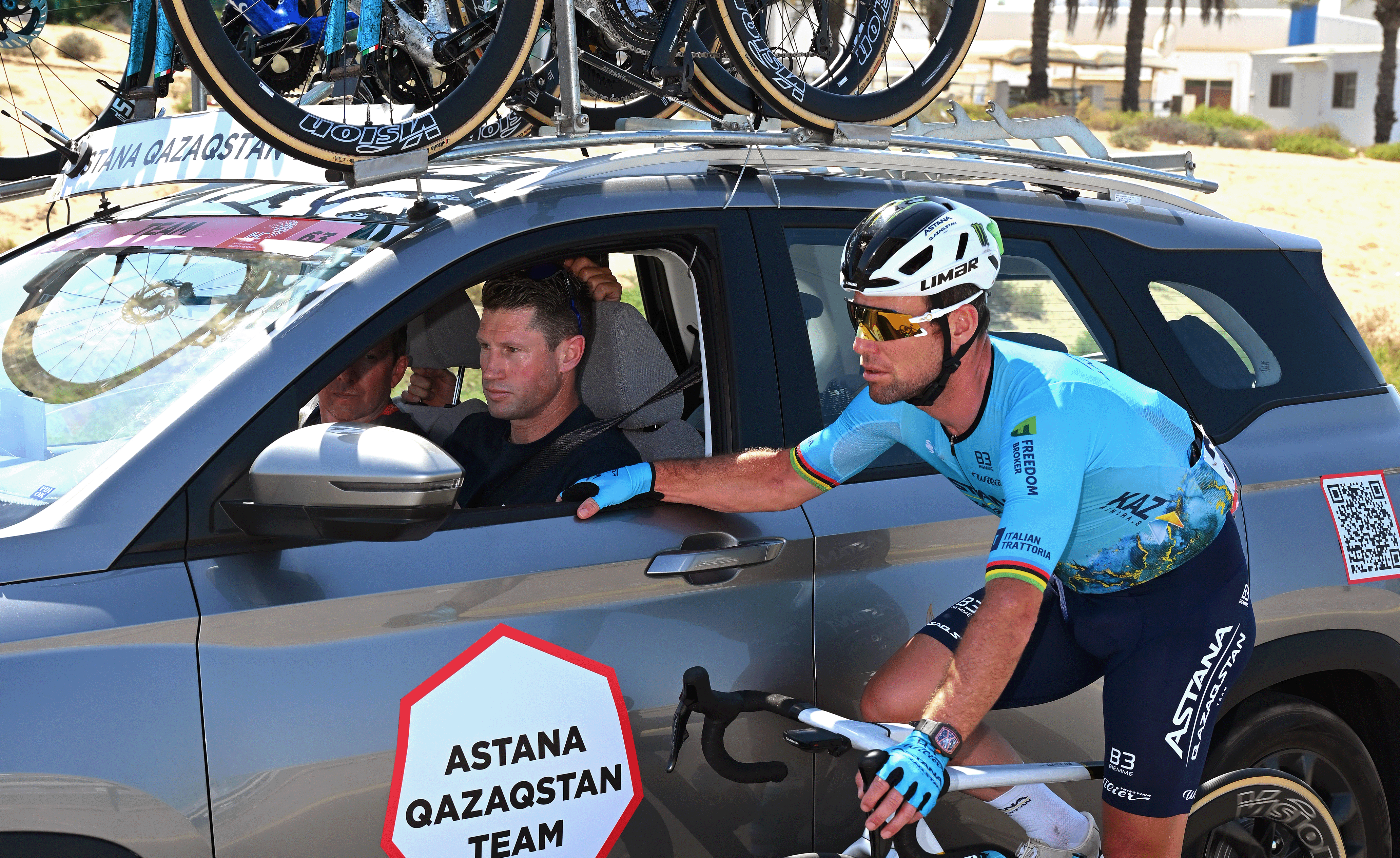 AL MARJAN ISLAND - AL JAZIRAH AL HAMRA, UNITED ARAB EMIRATES - FEBRUARY 21: (L-R) Mark Renshaw of Australia sports director and Mark Cavendish of Great Britain and Team Astana-Qazagstan competes during the 6th UAE Tour 2024, Stage 3 a 176km stage from Al Marjan Island - Al Jazirah Al Hamra to Jebel Jais 1489m / #UCIWT / on February 21, 2024 in Al Jazirah Al Hamra, United Arab Emirates. (Photo by Tim de Waele/Getty Images)