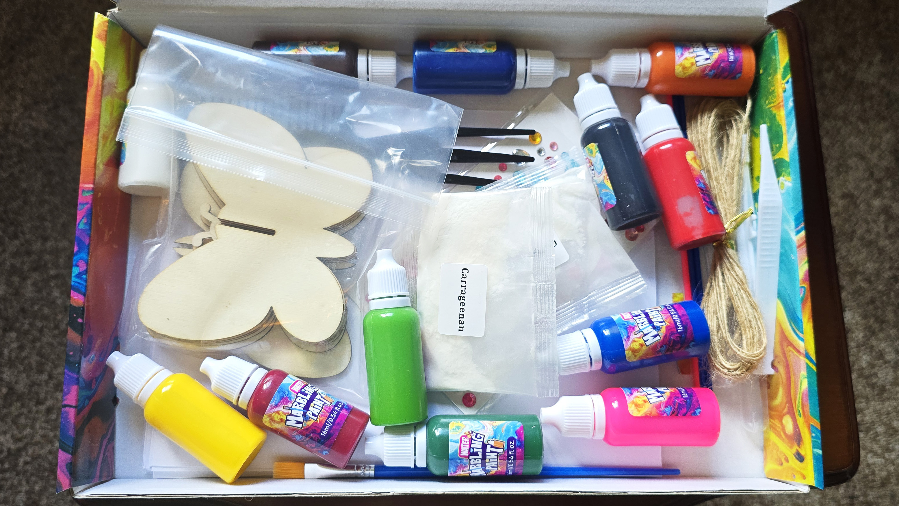 The box of contents for the marbling kit