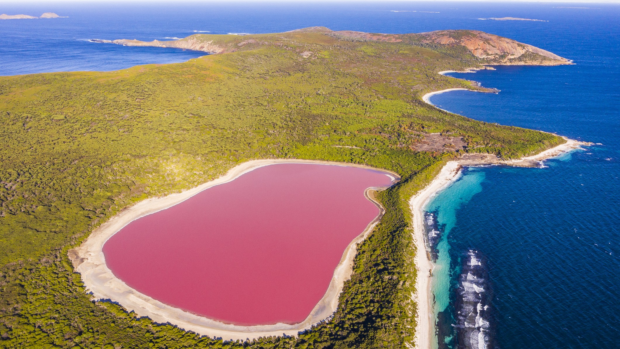 Aerial view of Lake Hillier, a bright-pink lake in Western Australia.
