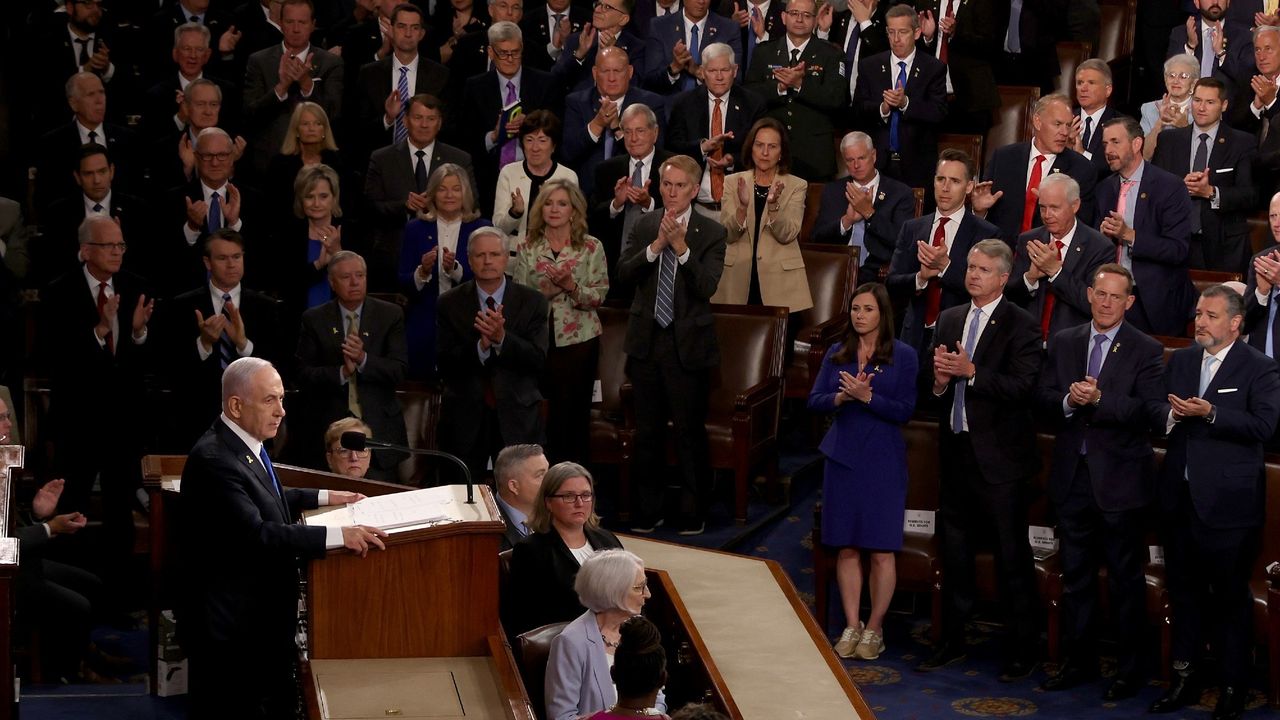 Israeli Prime Minister Benjamin Netanyahu addresses a joint meeting of Congress on July 24, 2024