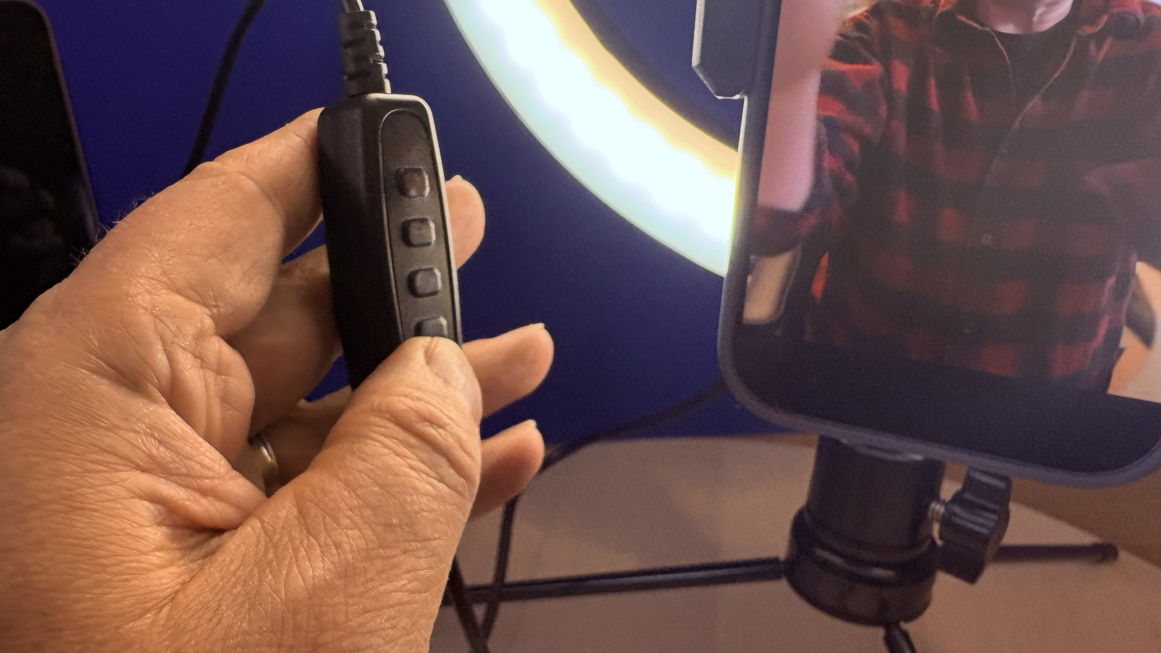 Close-up shot of a hand holding the small four-buttoned control panel that&amp;rsquo;s attached to the LED&amp;rsquo;s power cable.