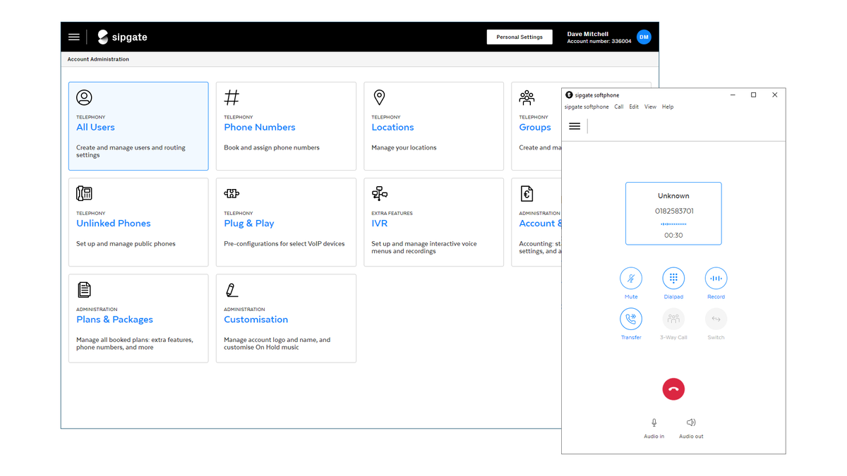 A screenshot of the Sipgate Team main dashboard