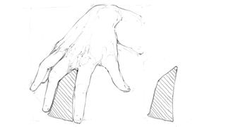 Sketch of hand with negative spaces detailed using diagonal lines