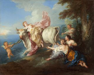 "The Abduction of Europa" (1716), Jean François de Troy. Greek mythology tells of the god Zeus abducting and seducing the maiden Europa while he was disguised as a white bull.