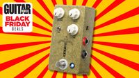 A JHS Morning Glory guitar pedal on a yellow and red background