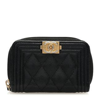 Chanel Caviar Quilted Boy Zip Around Coin Purse Wallet Black