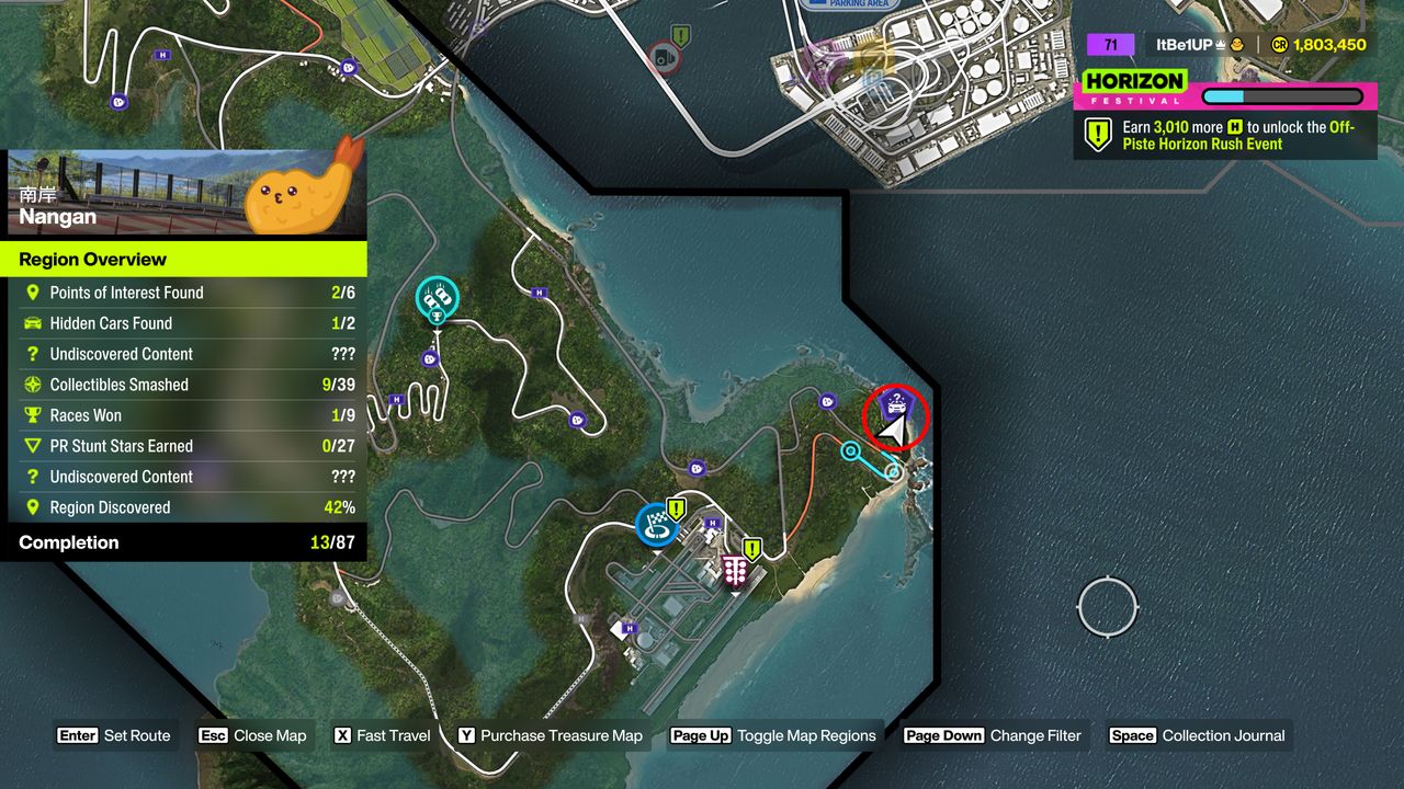 Forza Horizon 6 Treasure Cars: A map with a red circle bringing attention to the location of a Treasure Car in the Nangan region.