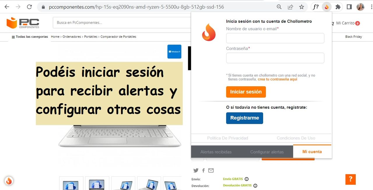 Iniciar sesi&oacute;n en chollometro para configurar alertas y otras cosas