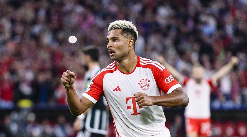 Serge Gnabry celebrates scoring for Bayern Munich against Manchester United in the UEFA Champions League