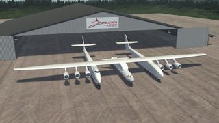 This image shows the giant aircraft that will be used to launch private spacecraft carrying cargo and people into orbit on flights by Stratolaunch Systems, a venture unveiled by Microsoft co-founder Paul G. Allen on Dec. 13, 2011.